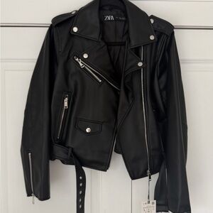 Zara Black Faux Leather Biker Jacket with Silver Hardware